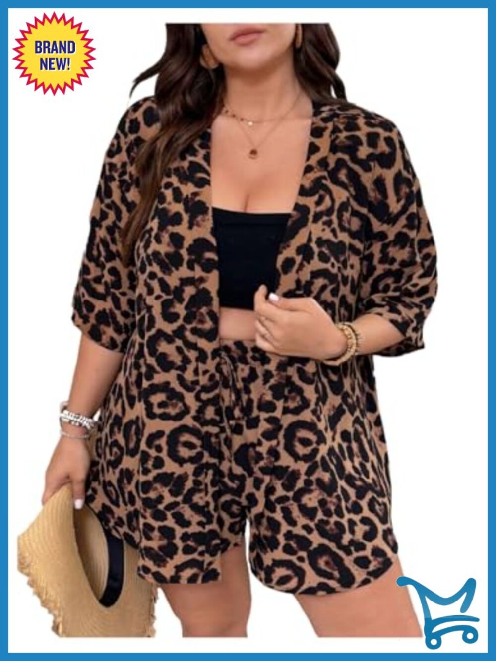 Plus Size 2 Piece Outfits Leopard Print Half Sleeve Kimono and Shorts Set